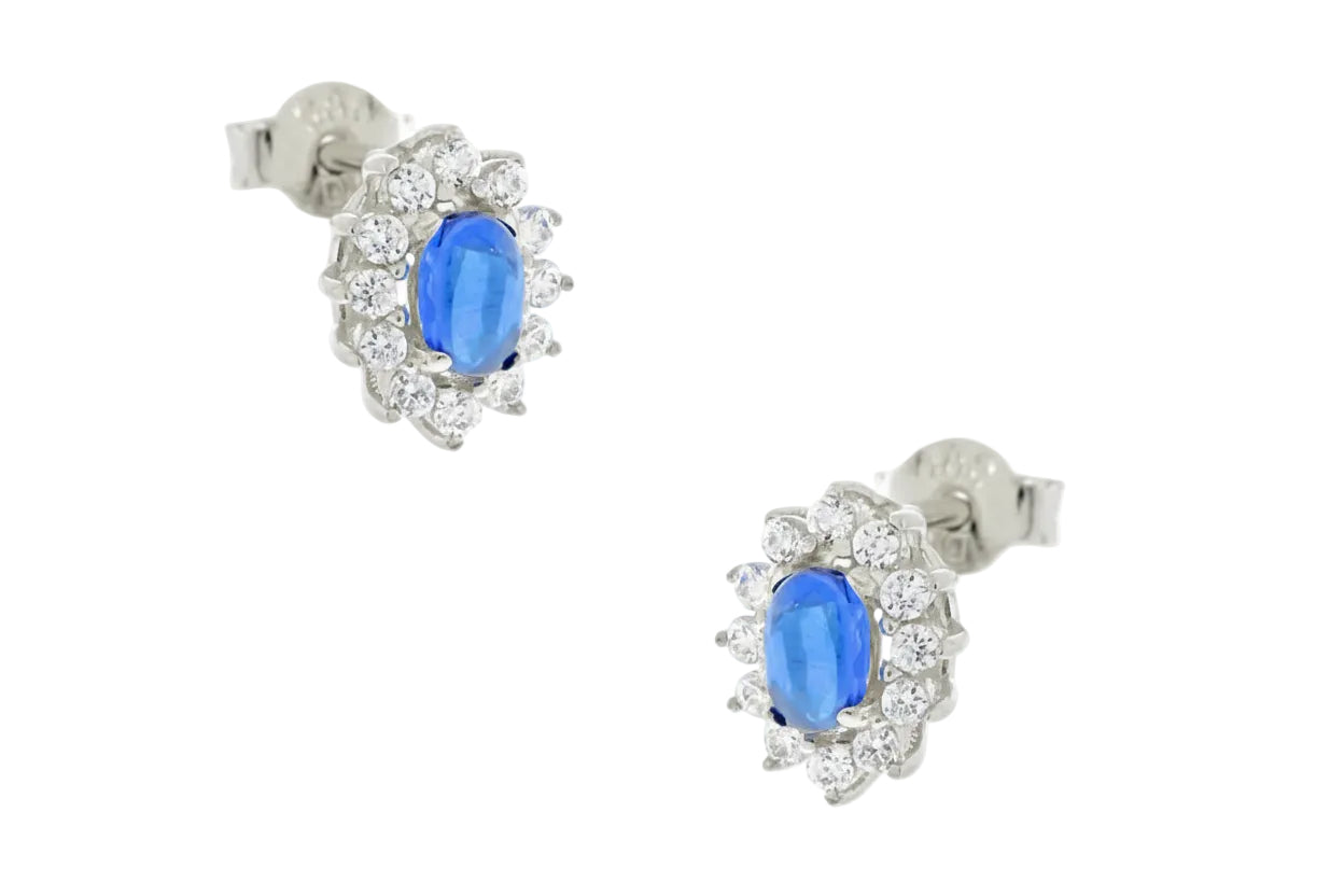 White Gold Earrings with Turquoise Rosette and White Zircon, 14K Gold