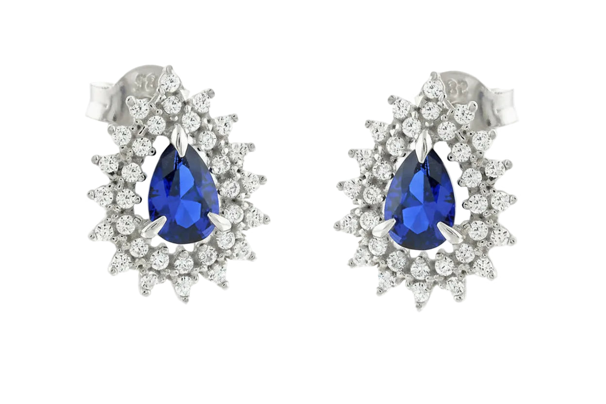White Gold Teardrop Rosette Earrings with Blue Stone and White Zircon, 14K Gold