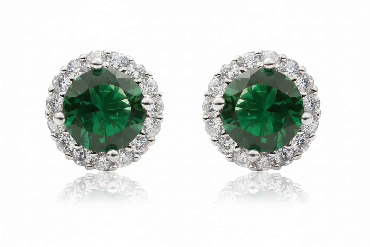 Rosette Earrings with Green Stone, 925 Sterling Silver