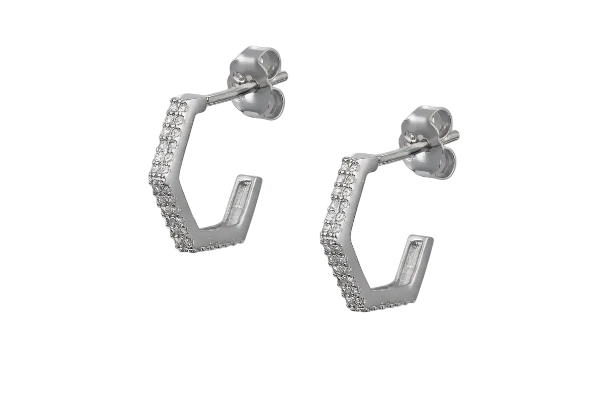 Hexagon Silver Hoop Earrings with White Zircon Stones, 925 Sterling Silver