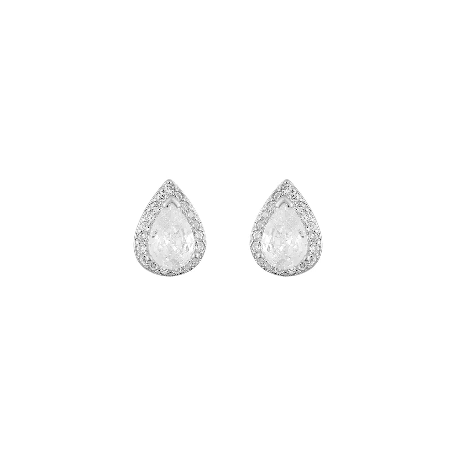 Sterling Silver Stud Teardrop Rosette Earrings with White Zircon, 925 Silver