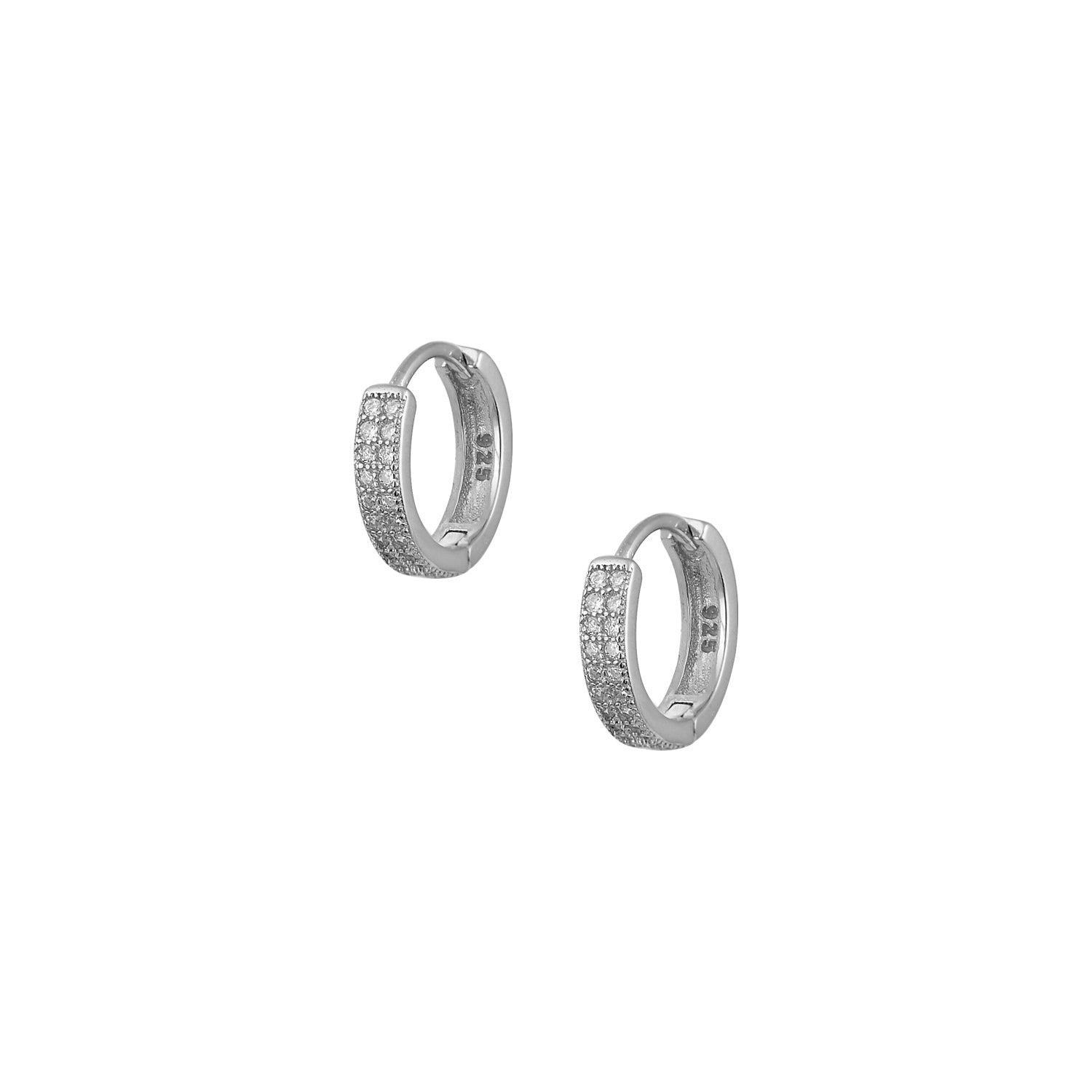 Women’s Sterling Silver Hoop Earrings with Double Row of White Zircon, 925 Silver