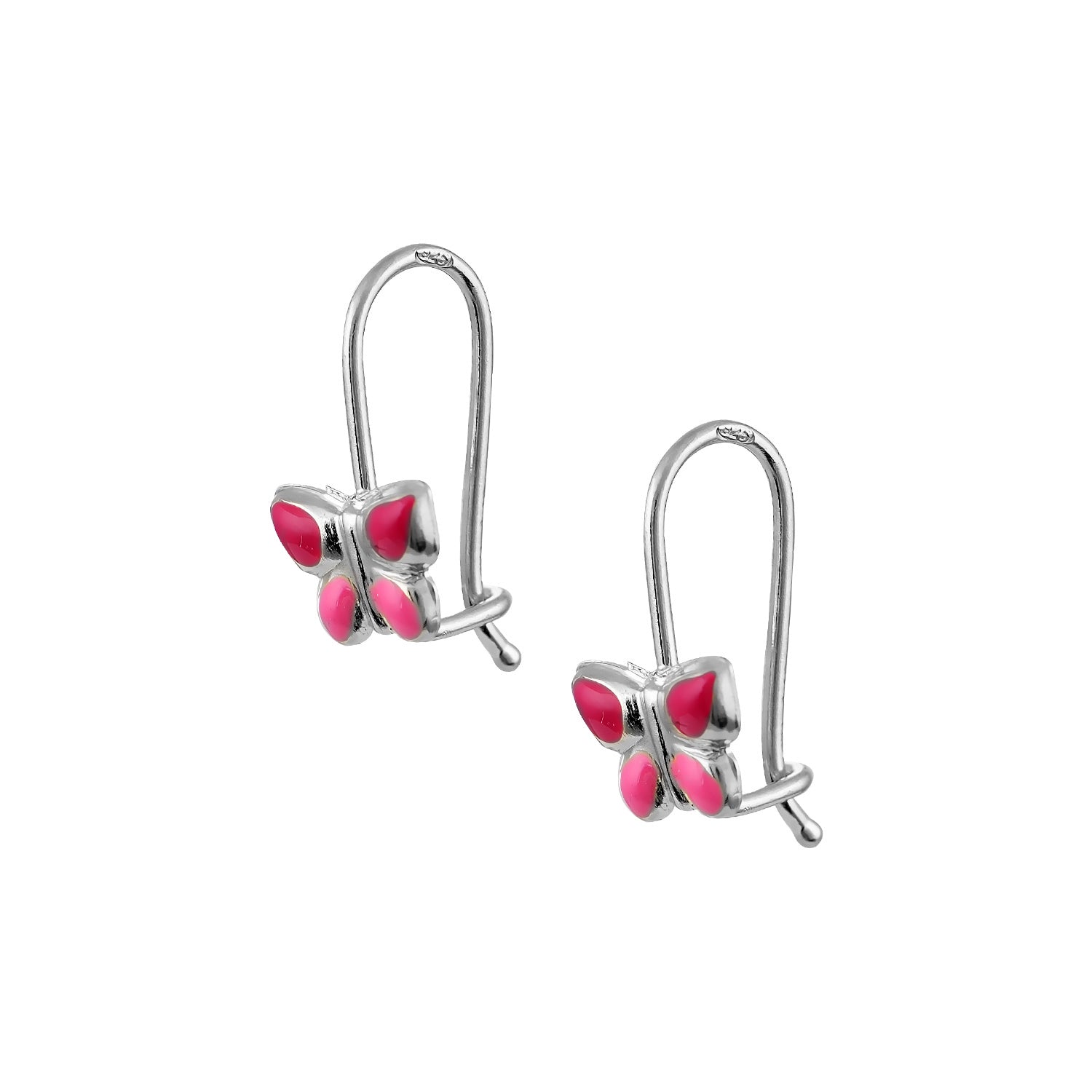 Children’s Silver Drop Earrings with Butterfly and Pink Enamel, 925 Sterling Silver