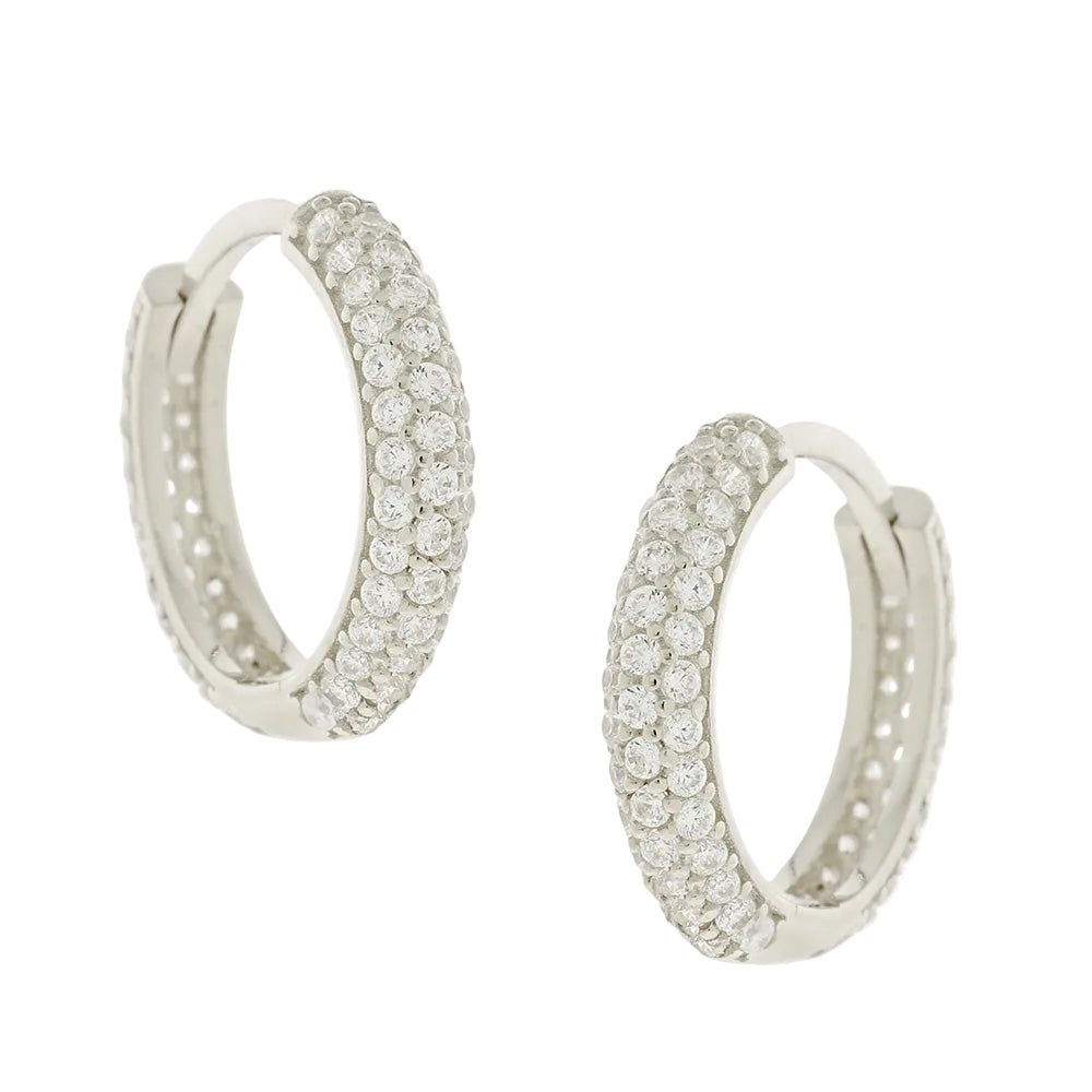 Silver Stone-Set Hoop Earrings with White Zircon, 925 Sterling Silver