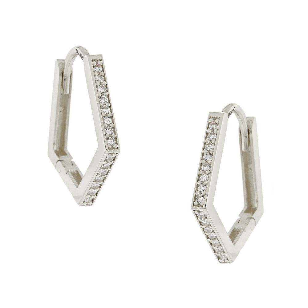 Silver Polygon Hoop Earrings with White Zircon, 925 Sterling Silver
