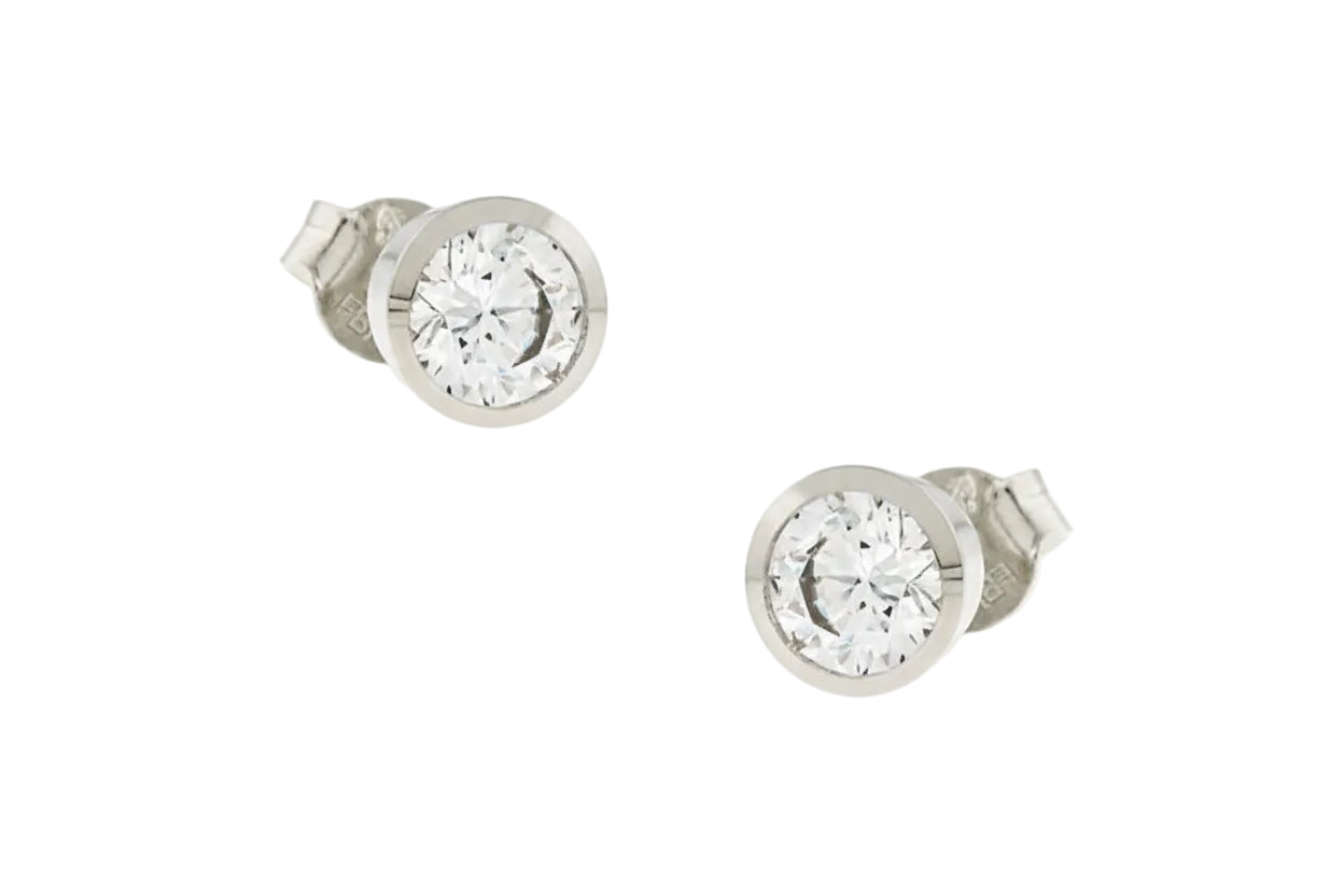 Sterling Silver Stud Solitaire Earrings with White Zircon, 925 Silver