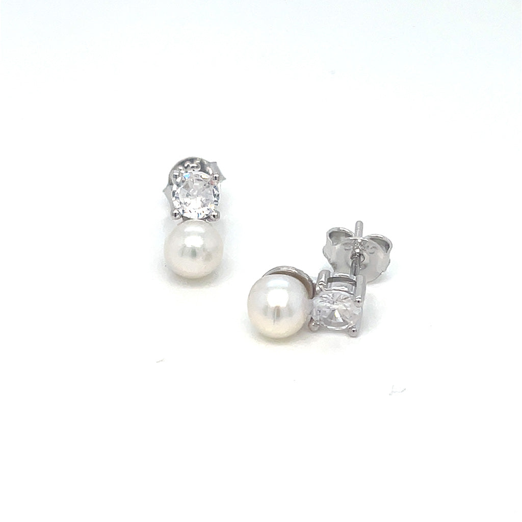 Women's 925 Sterling Silver Stud Earrings with Pearl-Style Detail and Sparkling Stone