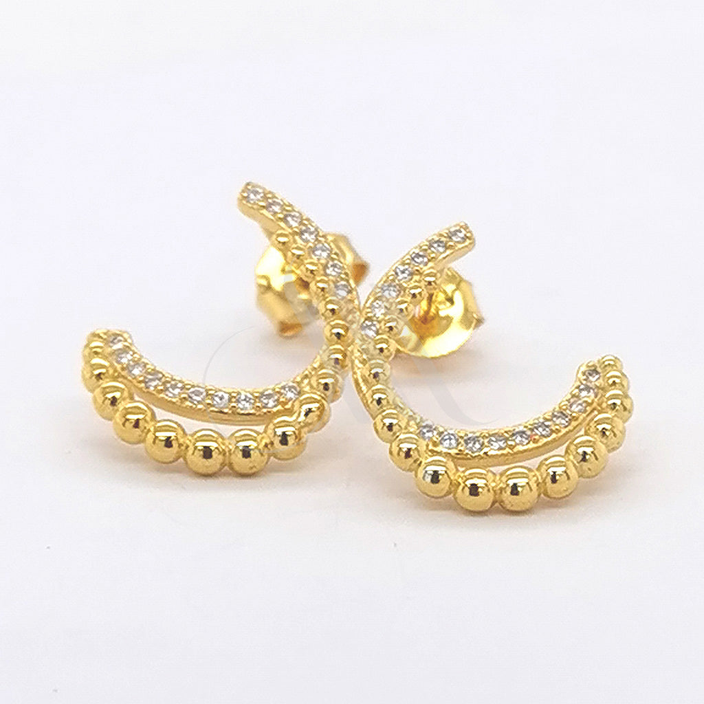 Elegant Gold Plated 925 Sterling Silver Beaded Crescent Stud Earrings