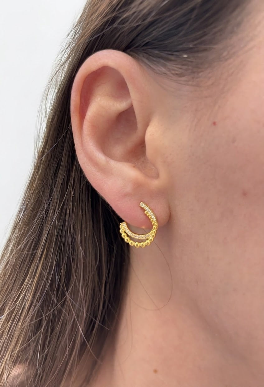 Elegant Gold Plated 925 Sterling Silver Beaded Crescent Stud Earrings