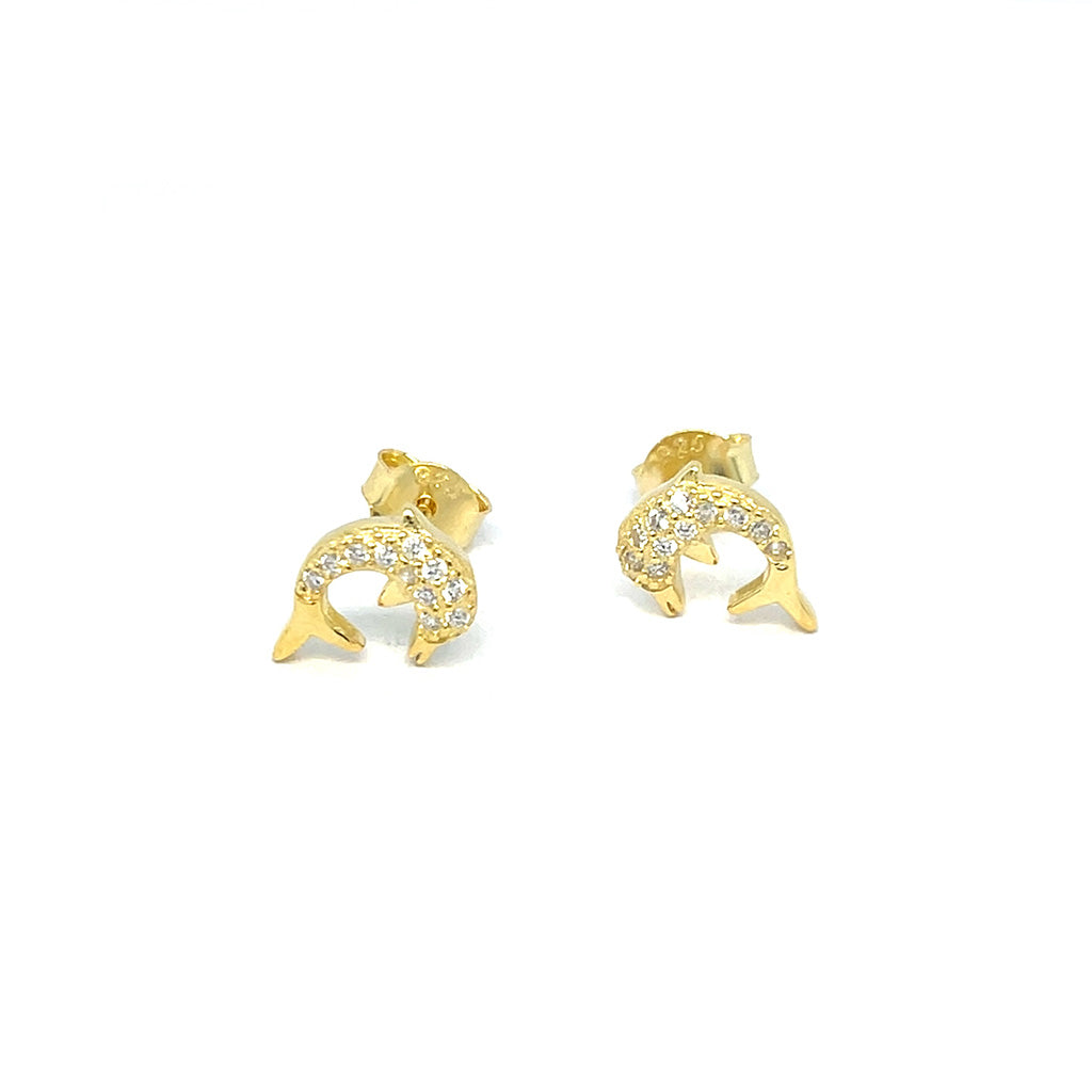Elegant Gold Plated 925 Sterling Silver Cubic Zirconia Dolphin Stud Earrings