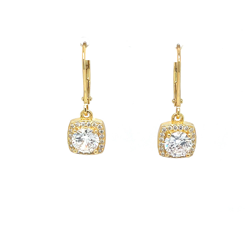 Women's Gold Plated 925 Sterling Silver Square Halo Drop Earrings