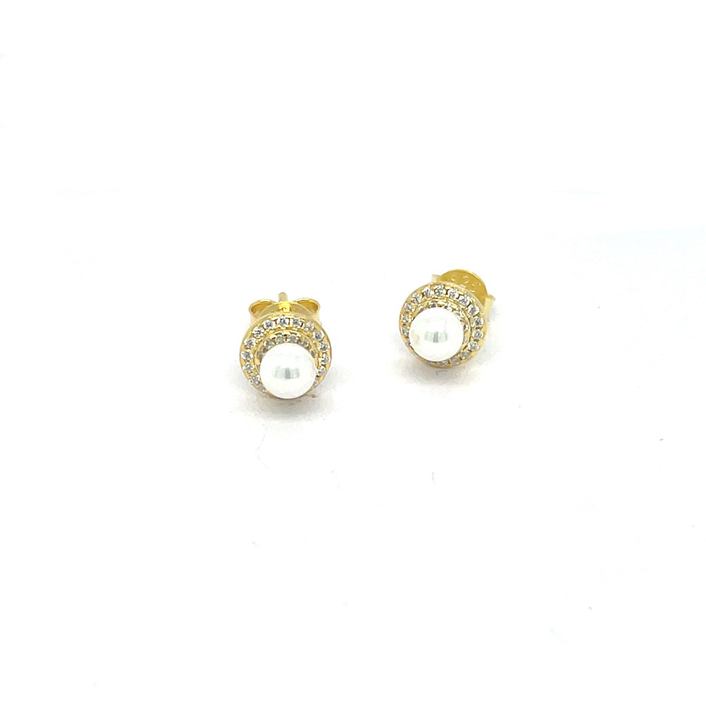 Women's Gold Plated 925 Sterling Silver Pearl Halo Stud Earrings
