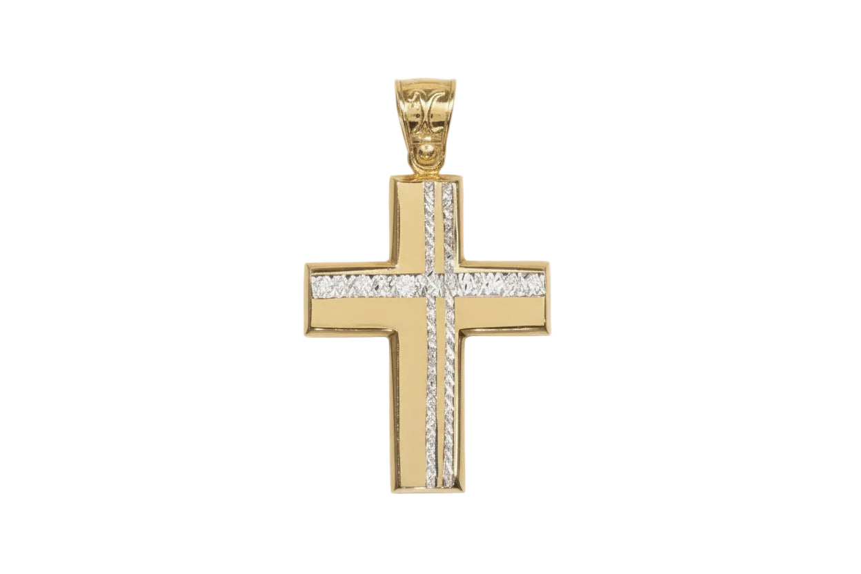 Polished Cross with White Gold Embossed Details, Two-Tone 14K Gold