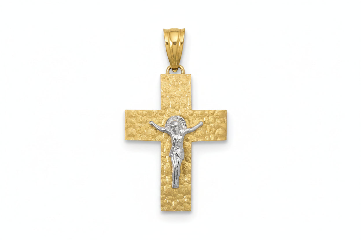 Matte Gold Cross with White Crucifix, Two-Tone 14K Gold