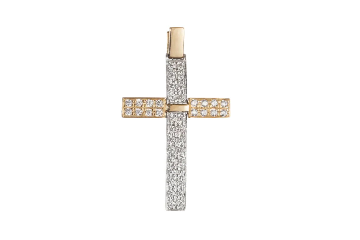 Two-Tone Gold Cross with Zirconia Stones, 14K Gold