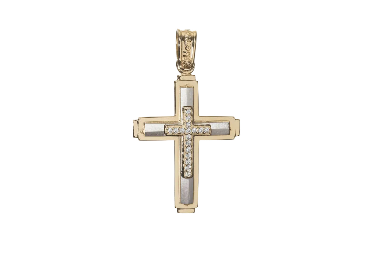 Two-Tone Gold Cross with Zirconia Stones, 14K Gold