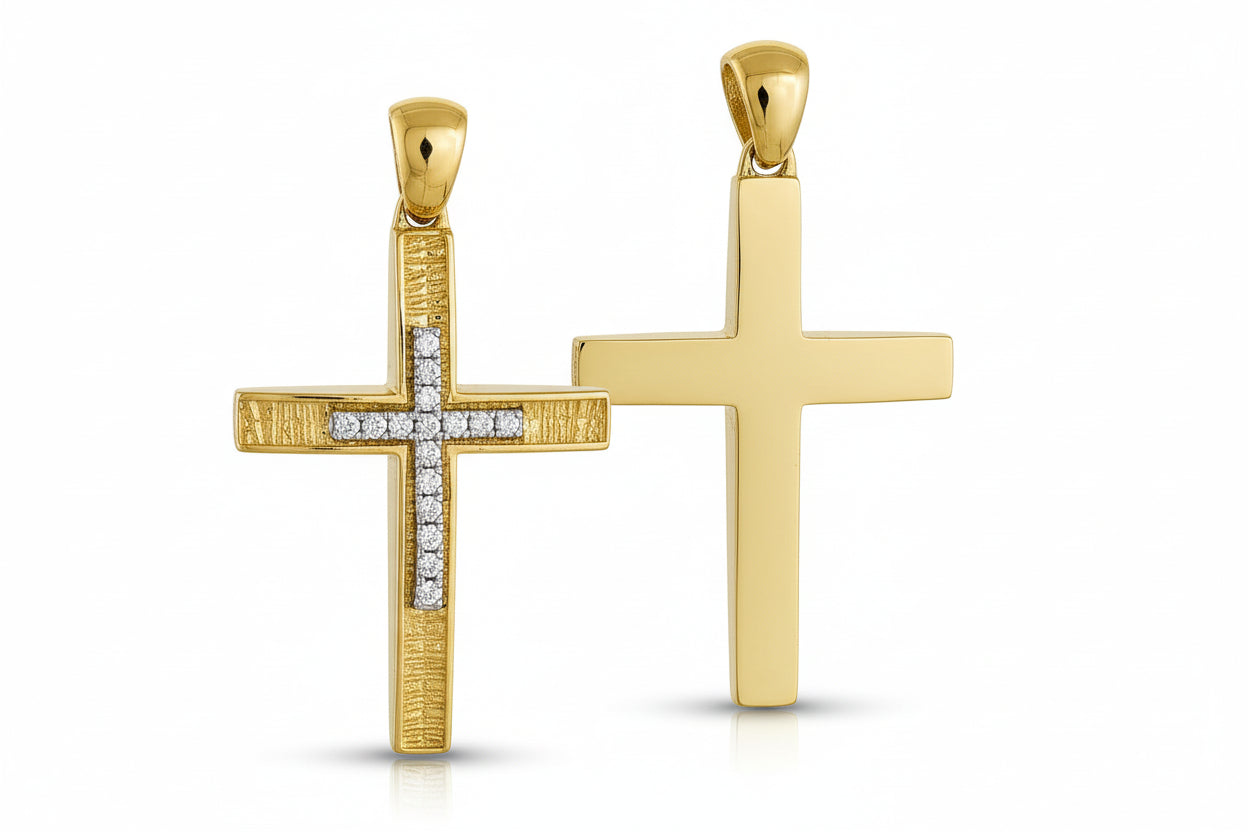 Double-Sided Women’s Two-Tone Gold Cross with White Zirconia Stones, 14K Gold