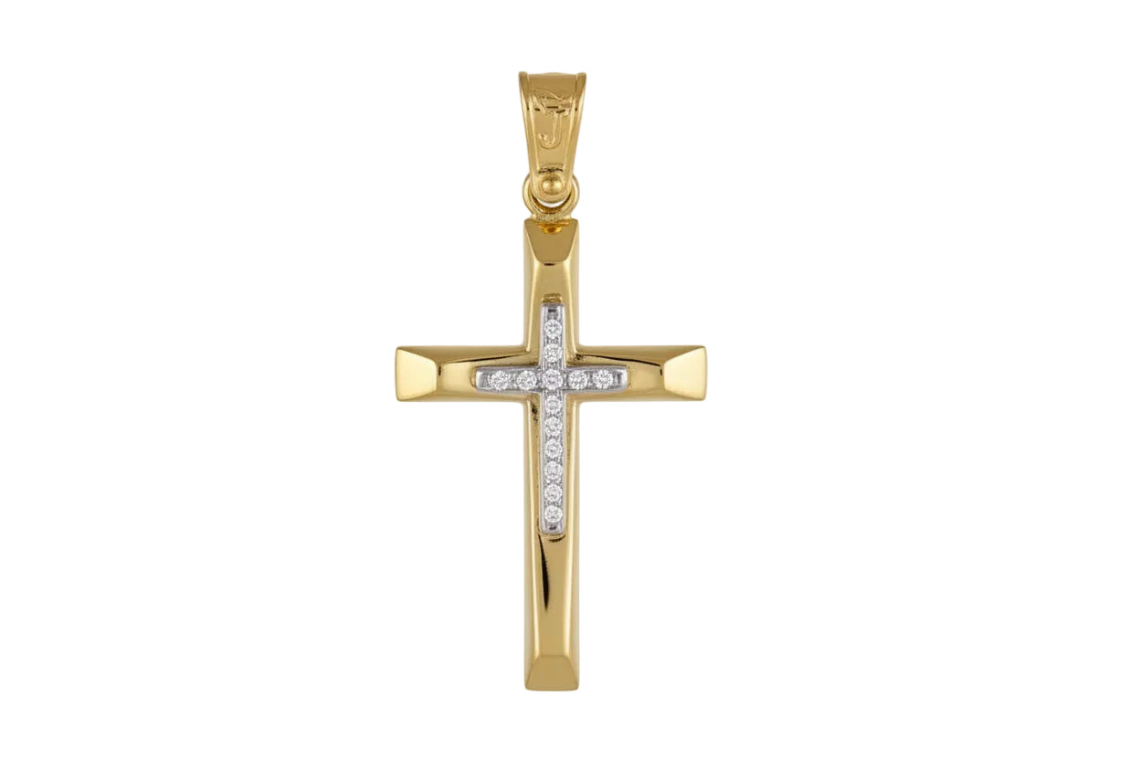 Two-Tone Polished Women’s Gold Cross with Zirconia Stones, 14K Gold