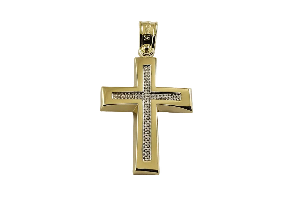 Men’s Two-Tone Gold Cross with Raised Central Cross Design, 14K Gold