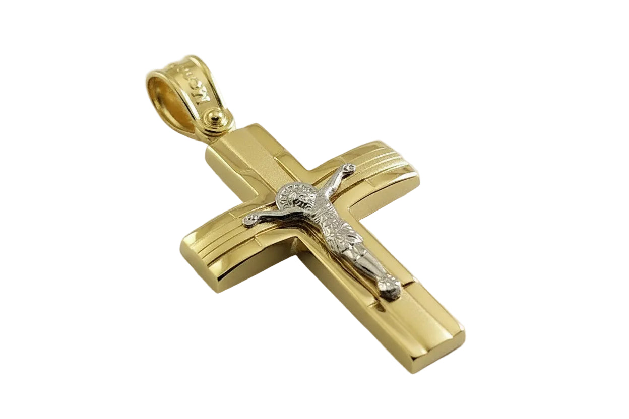 Men’s Two-Tone Gold Cross with Embossed Design and White Gold Crucifix, 14K Gold