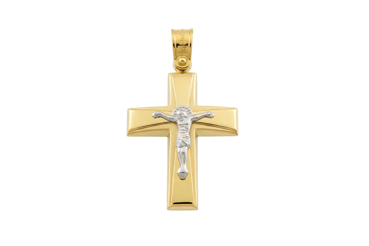 Men’s Two-Tone Gold Cross with Embossed Design and White Gold Crucifix, 14K Gold