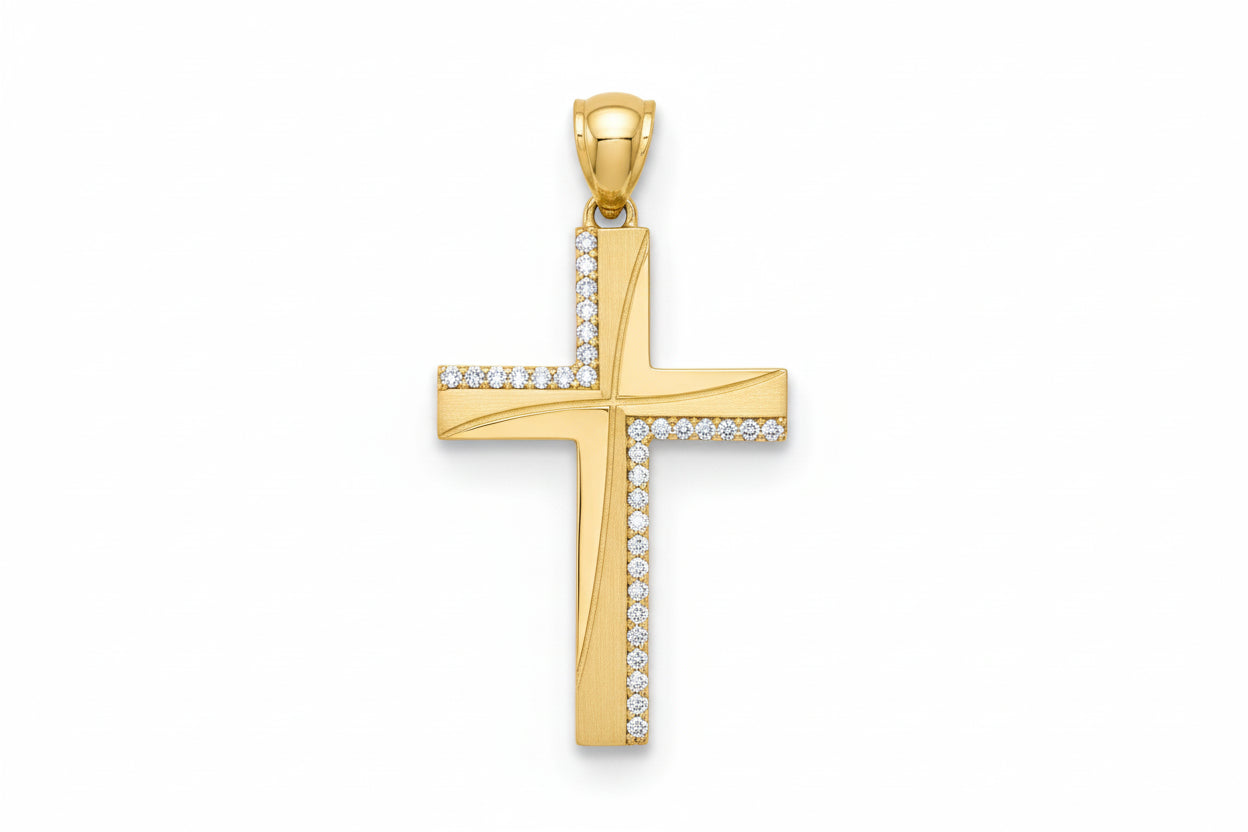 Women’s Gold Cross with White Zirconia Stones, 14K Gold
