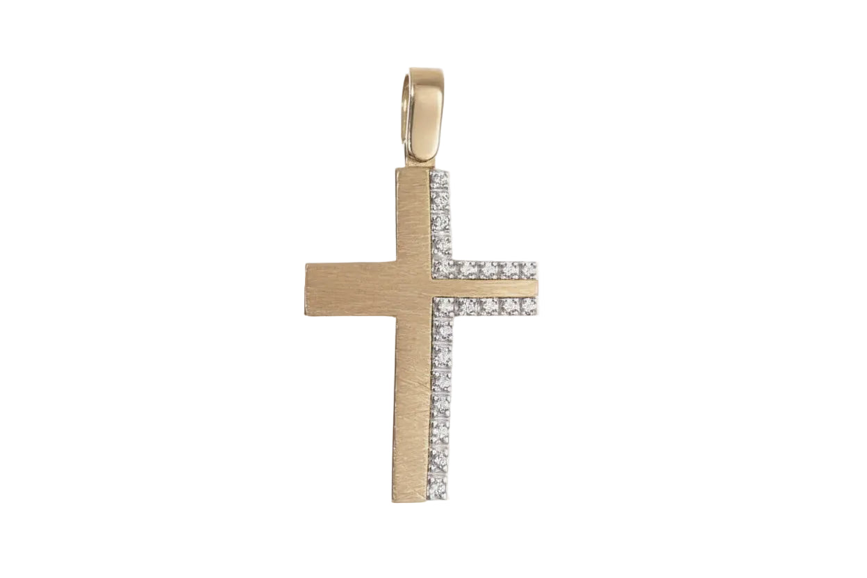 Matte Gold Cross with Zirconia Stones, 14K Gold