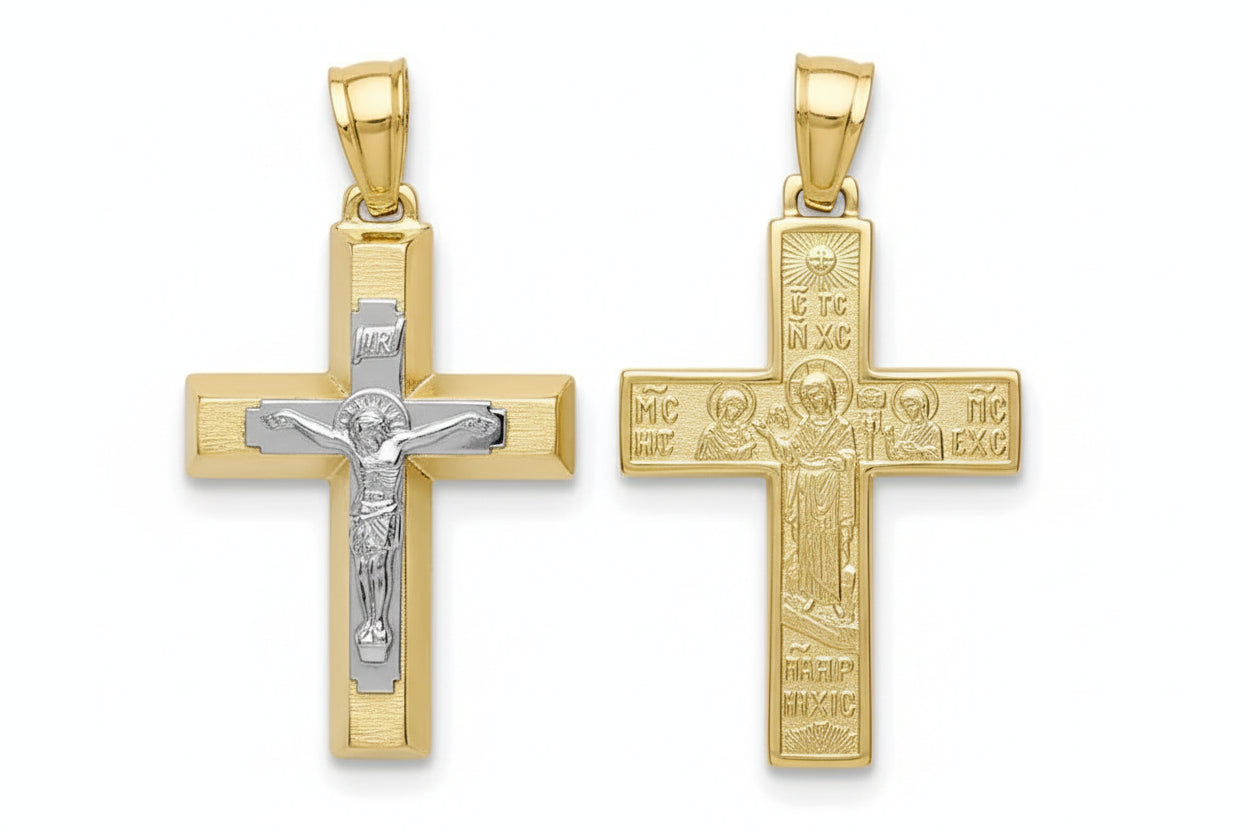 Double-Sided Men’s Two-Tone Gold Cross with Crucifix, 14K Gold