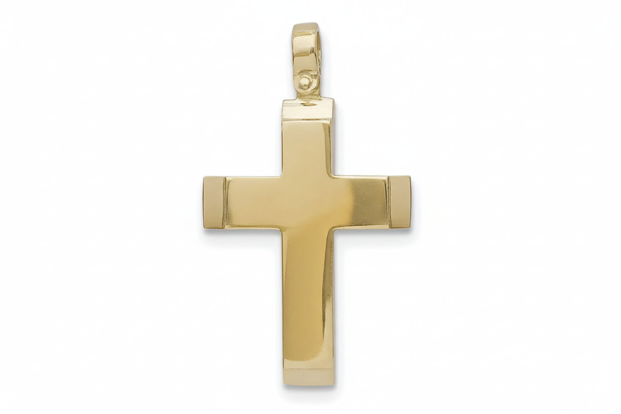 Polished Flat Gold Cross with Angled Edges, 14K Gold