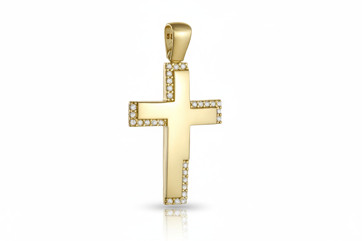 Women’s Gold Cross with White Zirconia Stones, 14K Gold