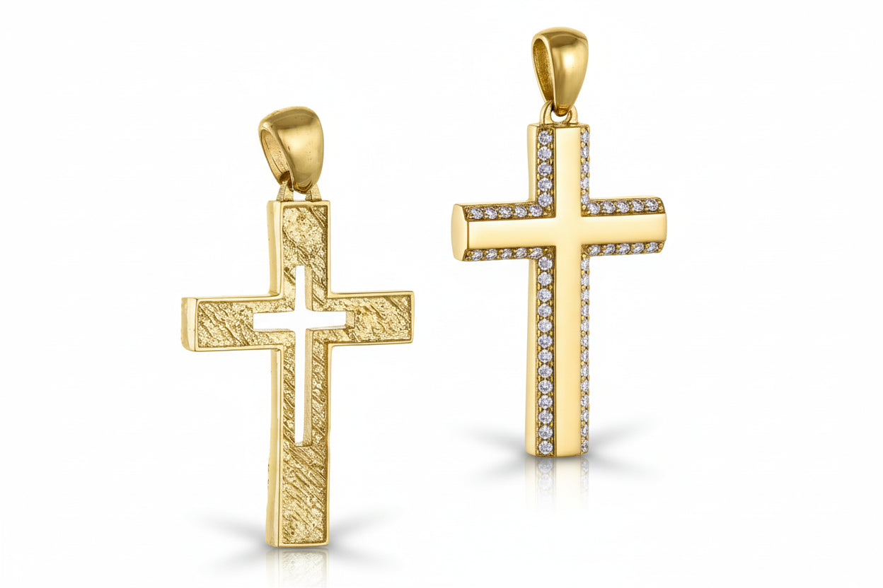 Double-Sided Women’s Gold Cross with White Zirconia Stones, 14K Gold