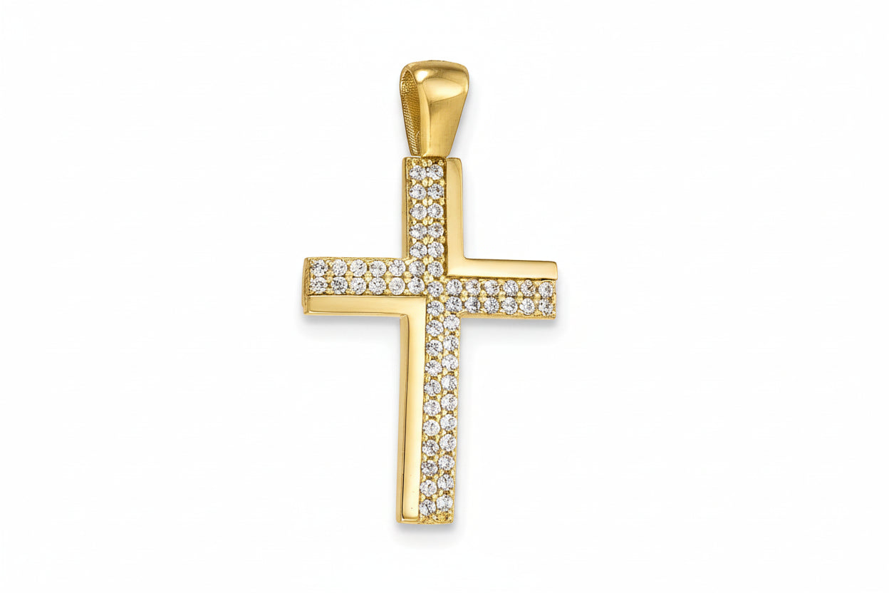 Women’s Gold Cross with White Zirconia Stones, 14K Gold