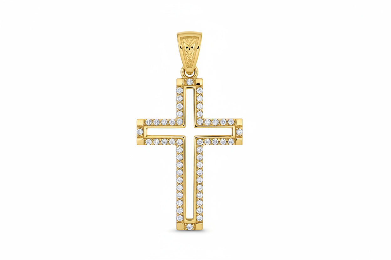 Women’s Gold Cross with White Zirconia Stones, 14K Gold