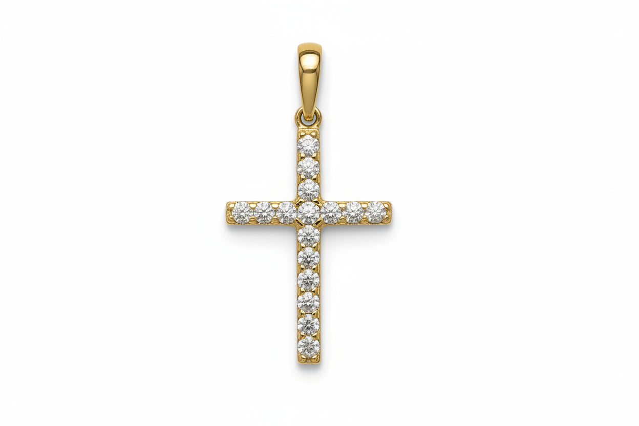 Women’s Gold Cross with White Zirconia Stones, 14K Gold