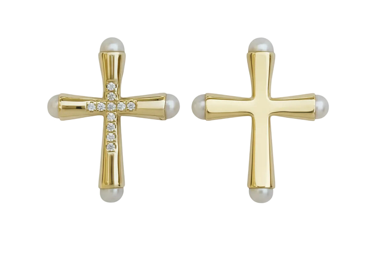 Women’s Gold Cross with White Zirconia Stones and Pearls, 14K Gold