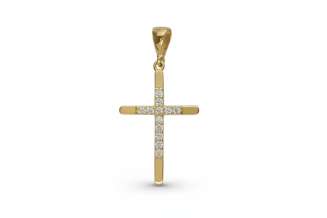 Women’s Gold Cross with White Zirconia Stones, 14K Gold
