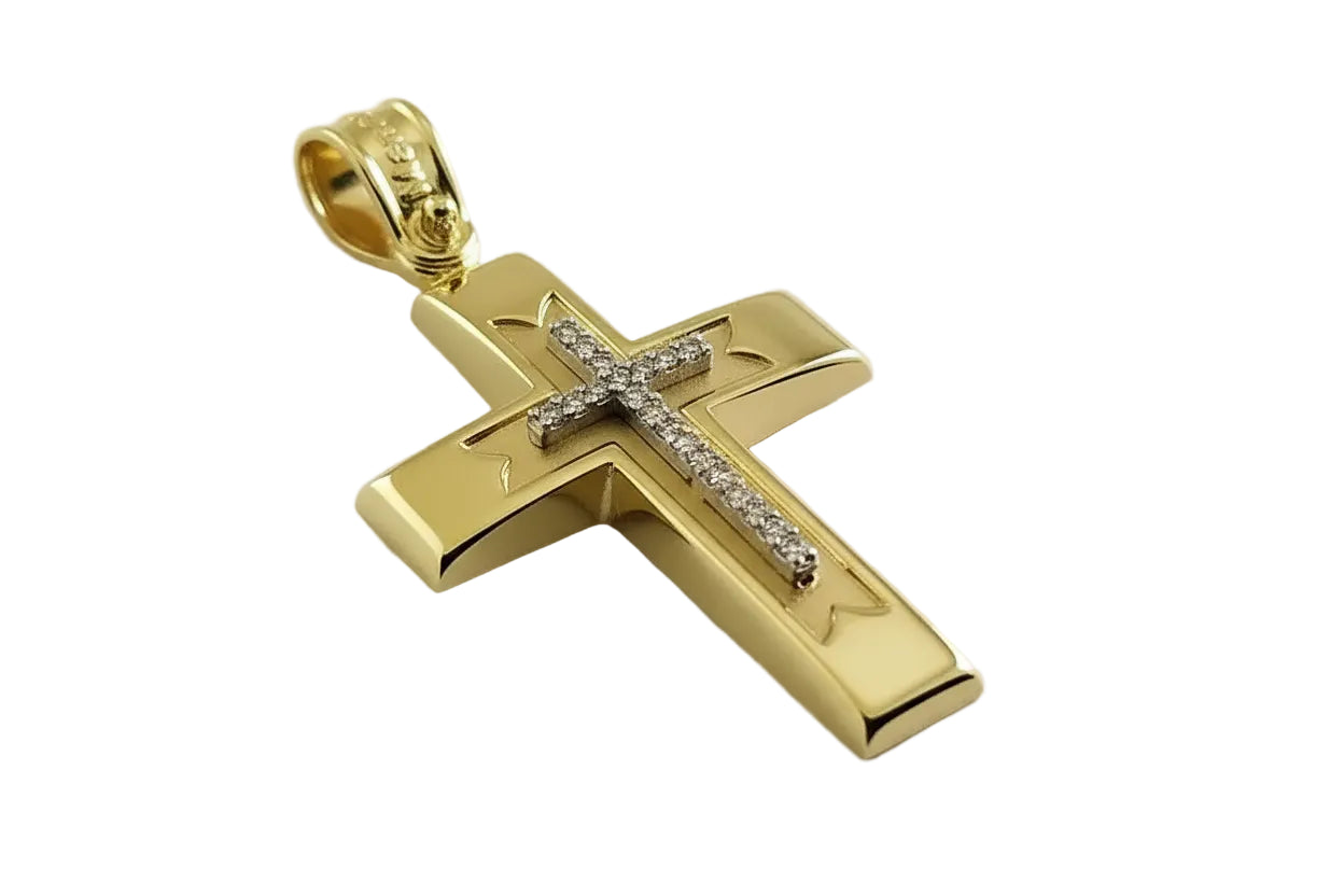 Women’s Gold Cross with White Zirconia Stones, 14K Gold