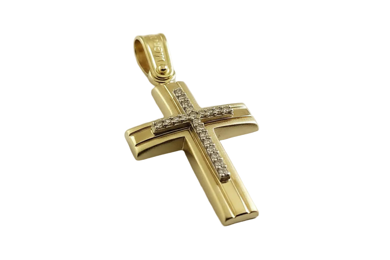 Women’s Gold Cross with White Zircon Stones on Inset Cross, 14K Gold