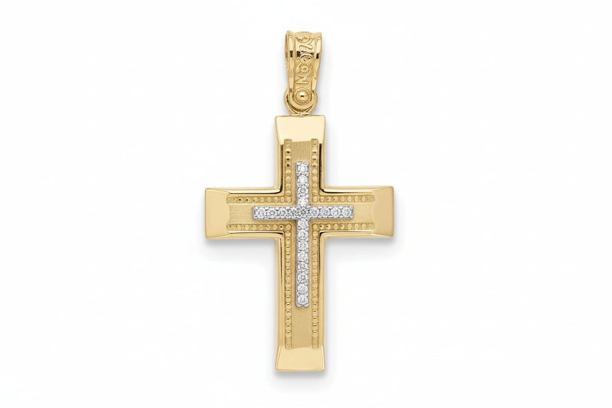 Women’s Gold Cross with White Zircon Stones on Inset Cross, 14K Gold