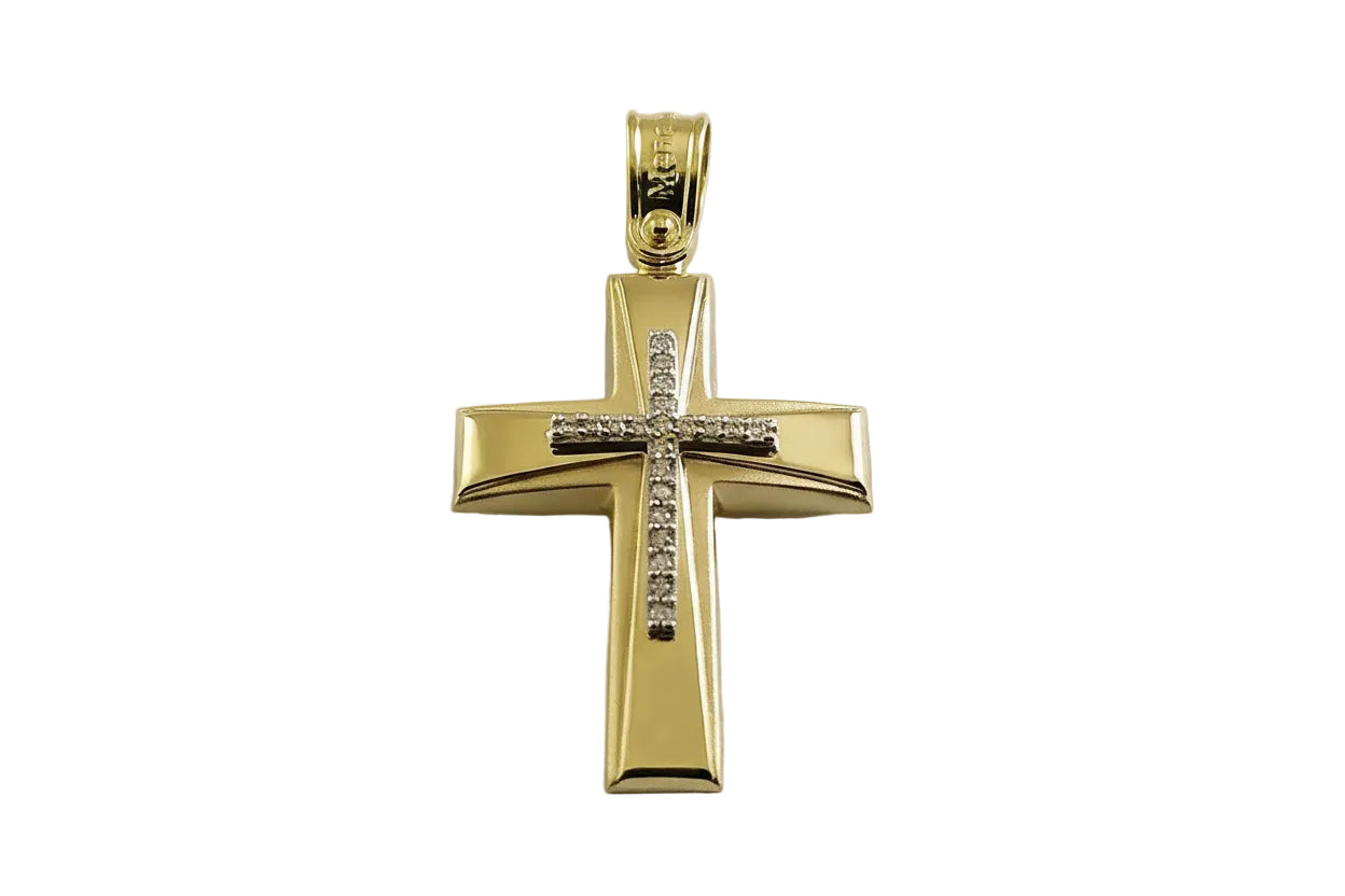 Women’s Gold Cross with Embossed Design and Inset White Gold Cross with White Zircon Stones, 14K Gold