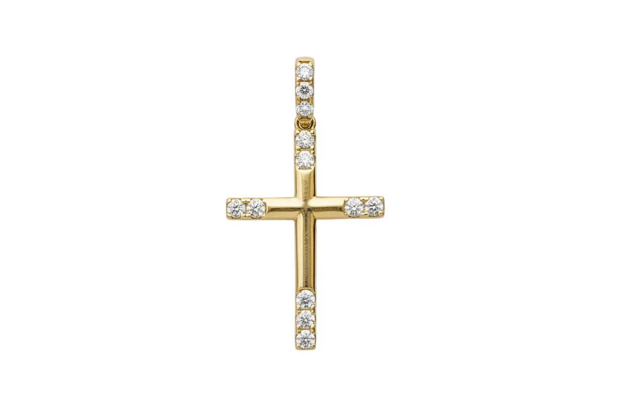 Women’s Small Polished Gold Cross with White Zircon, 14K Gold