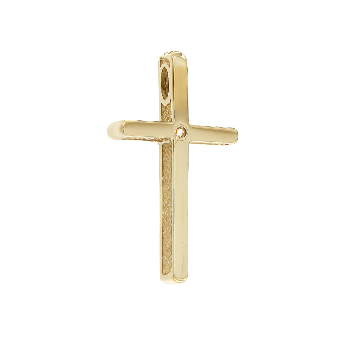 Women’s Minimal Double-Sided Gold Cross with Central White Zircon, 14K Gold