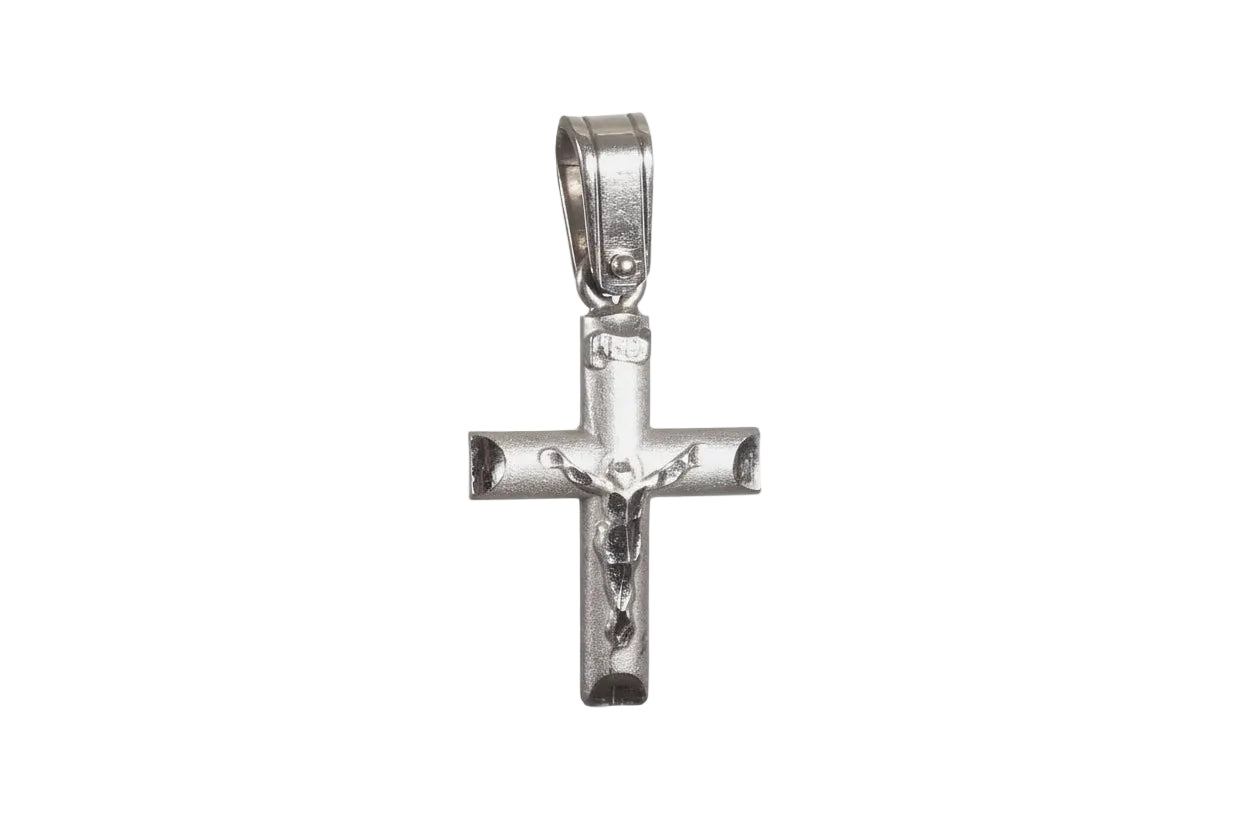 Sandblasted White Gold Cross with Polished Border and Raised Crucifix, 14K Gold