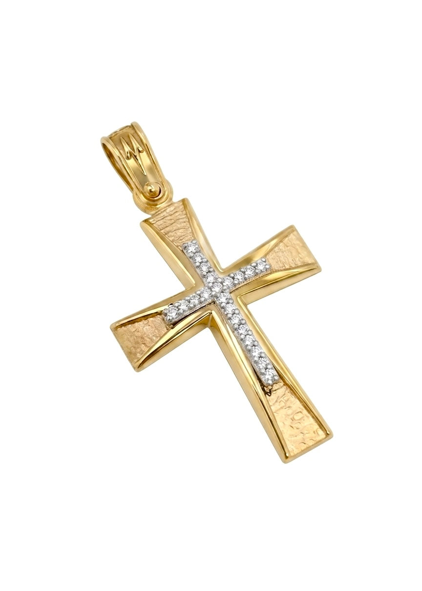 Elegant Two-Toned 14 Karat Gold Women's Cross Pendant with Shimmering Stones
