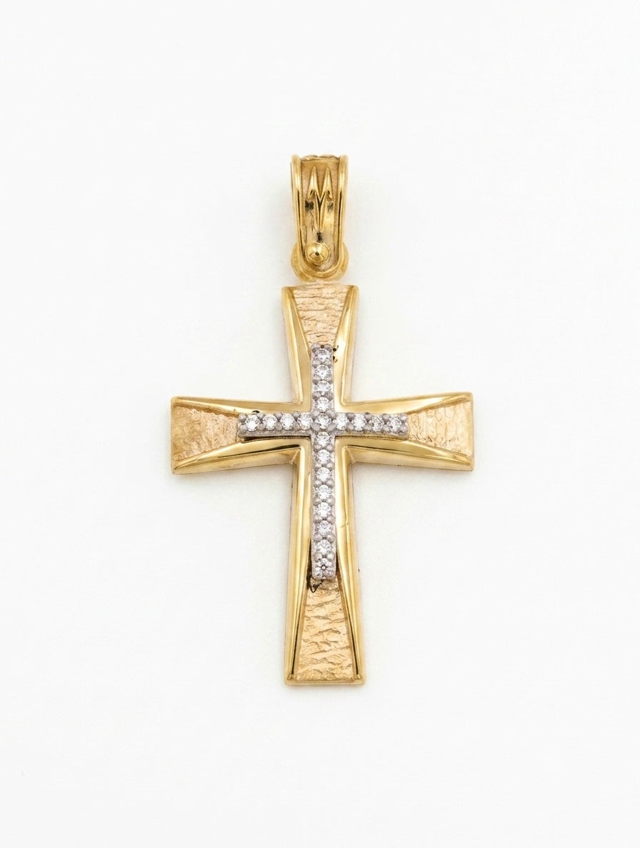 Elegant Two-Toned 14 Karat Gold Women's Cross Pendant with Shimmering Stones