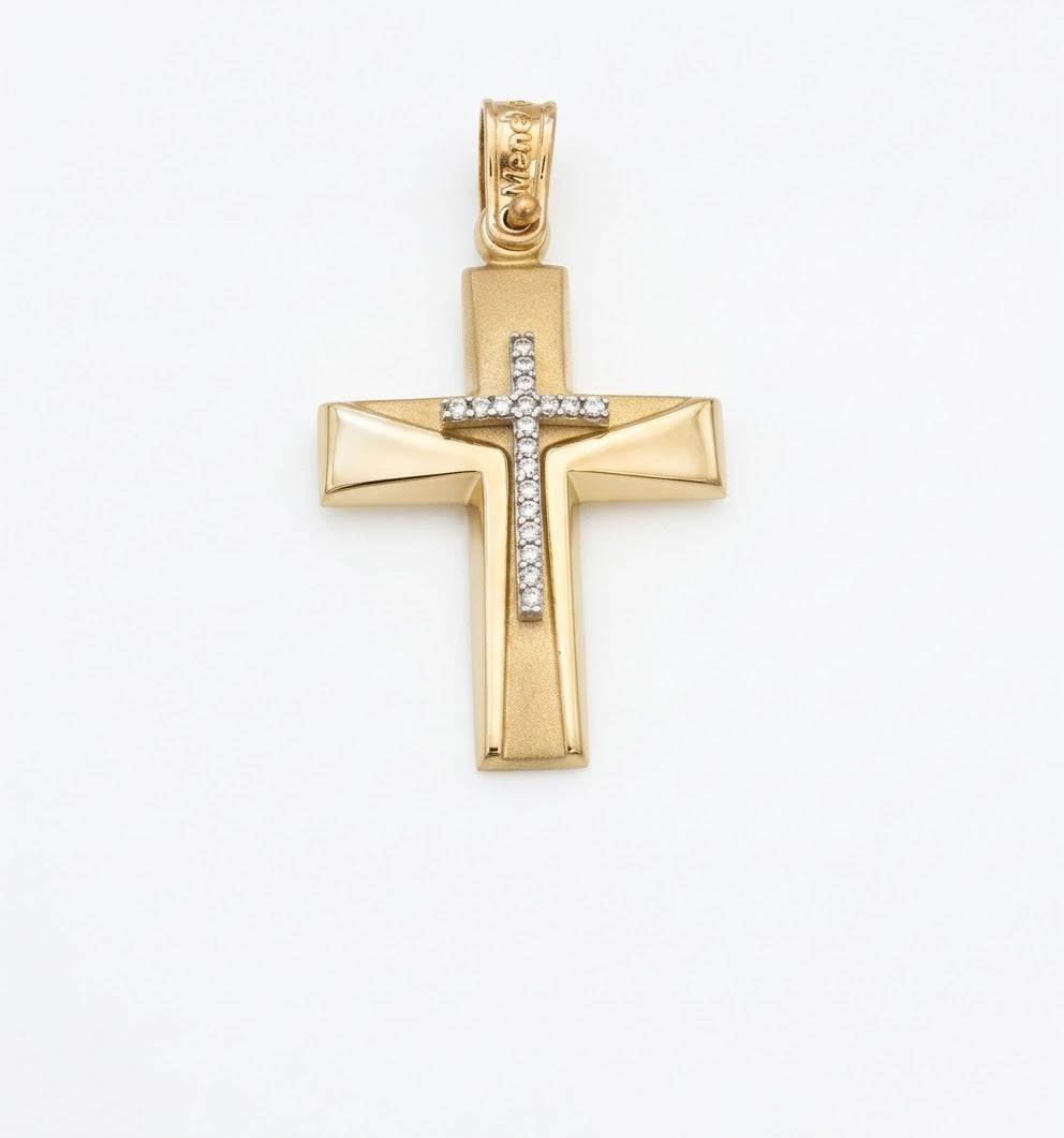 Elegant Two-Toned 14 Karat Gold Women's Cross Pendant with Shimmering Stones