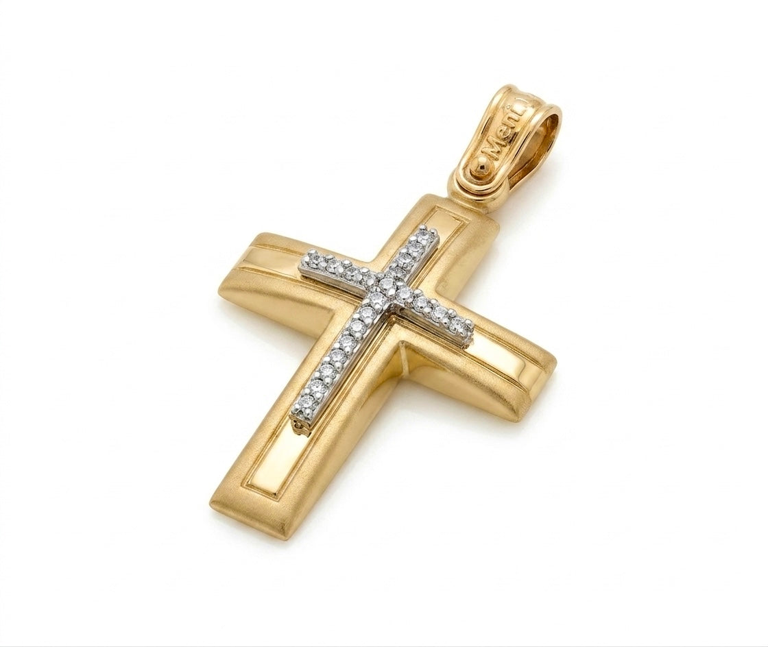 14K Yellow Gold Women’s Baptismal Cross with White Zirconia Stones