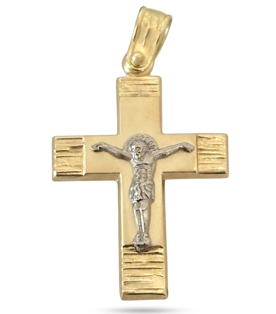 Men’s Two-Tone 14K Gold Crucifix Pendant with Grooved Accents