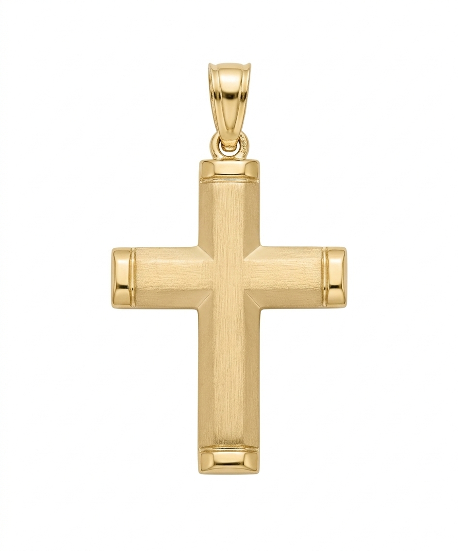 Men’s Matte and Polished 14K Yellow Gold Architectural Cross Pendant