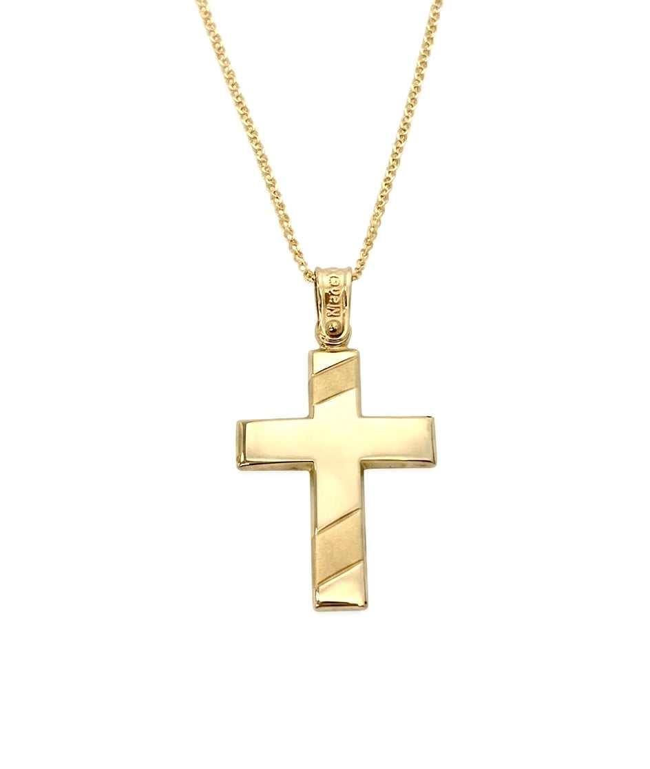 Men’s Diagonal Matte and Polished 14K Yellow Gold Cross Pendant